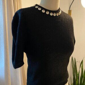 1940s Black short Sleeve sweater with Mother of Pearl embellishment at neckline